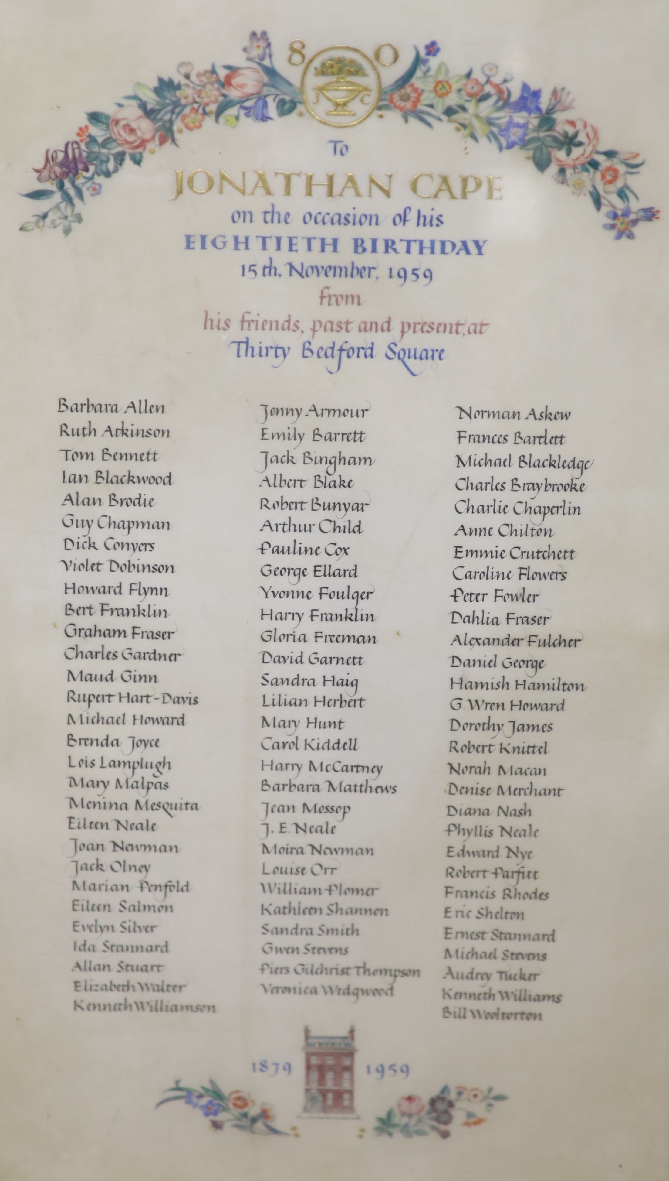 An illuminated manuscript for Jonathan Cape's 80th birthday with list of all members of staff at the time, 50 x 29cm